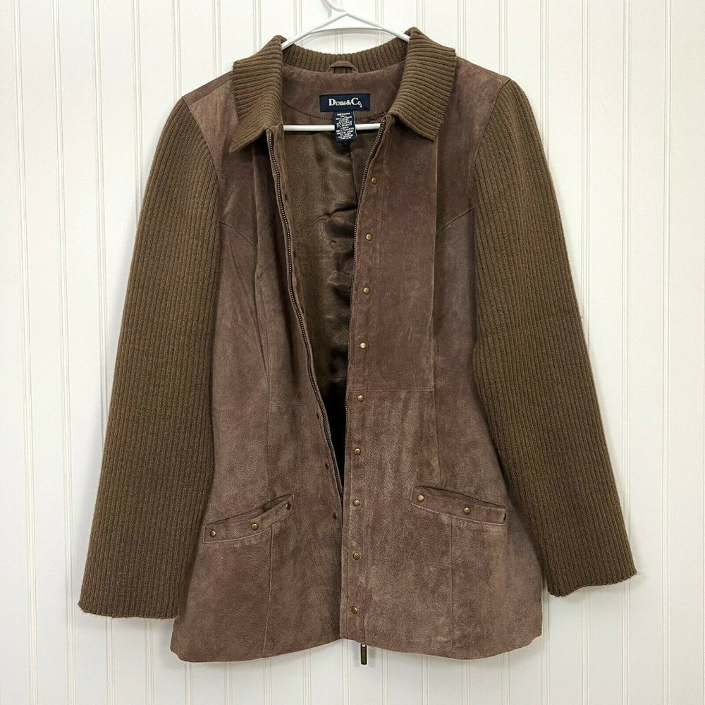 Denim & Co Suede Knit Sleeve Jacket Collared Fully Lined Zip Front Brown M. - Picture 5 of 6